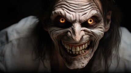 A creepy monster close-up. An evil creature from the afterlife. Scary horror atmosphere.