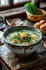 A bowl of rice with eggs and greens.