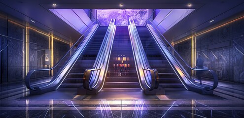 An escalator in a room with a modern interior design and purple light shining from above