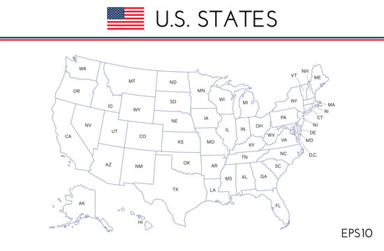 US map. American infographics template, with separated states and short state names. Vector illustration.
