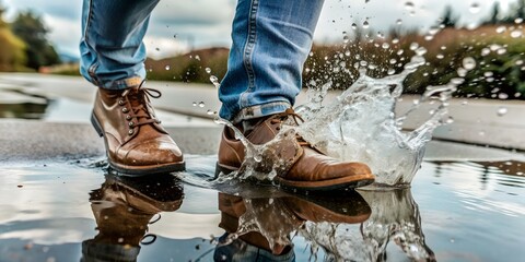 A man in blue jeans and brown boots walks in the city through a puddle after the rain, macro step, wallpaper, step forward, background	 generated  AI