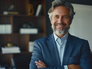 A man wearing a suit and tie stands with his arms crossed, possibly waiting for an appointment or meeting