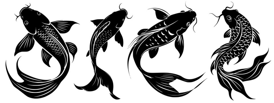 set of black silhouettes of fish koi