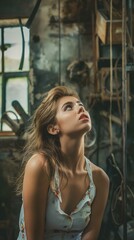 Fototapeta premium A woman with long, light brown hair gazes upward with a contemplative expression. She is wearing a light blue, floral-patterned dress with thin straps. The background reveals an industrial setting wit