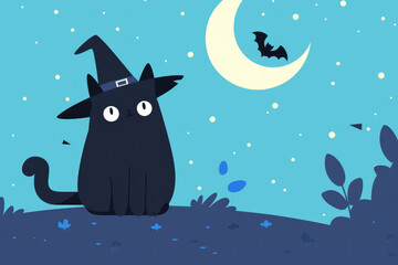 Spooky flat design with black cat, witch's hat on eerie background.