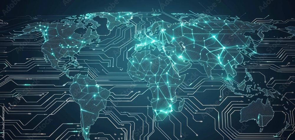 Poster A computer generated image of the world with a blue and white background