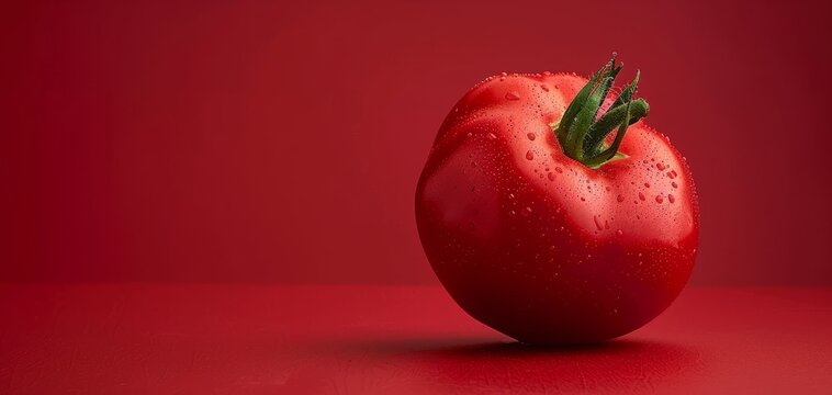 A red tomato is sitting on a red background