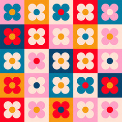Fototapeta premium Seamless retro pattern with pink flowers, 60s, hippy, retro style, vintage colors