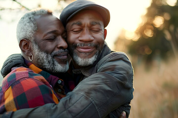 Fototapeta premium smiling multiracial gay senior couple in love embracing each other in nature background