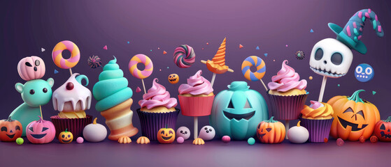 Fototapeta premium Spooky cupcakes and treats for Halloween-themed bakery, flat design concept.