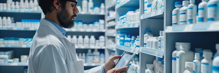 Modern pharmacy management: Pharmacist digitally tracks inventory.
