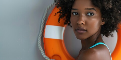 A woman wearing curly hair and holding a life preserver, perfect for scenes of water rescue or beach activities