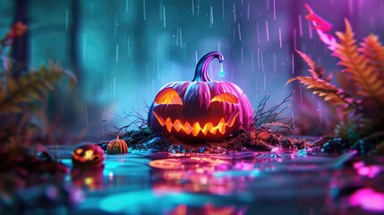 Fantasy horror 3D pumpkin monster emerges with vibrant neon holographic eyes from a digital swamp in an eerie and surreal scene.
