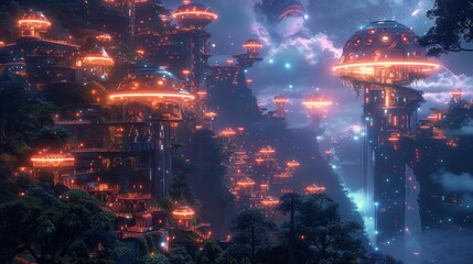 Fototapeta premium Futuristic cityscape at night - generative ai