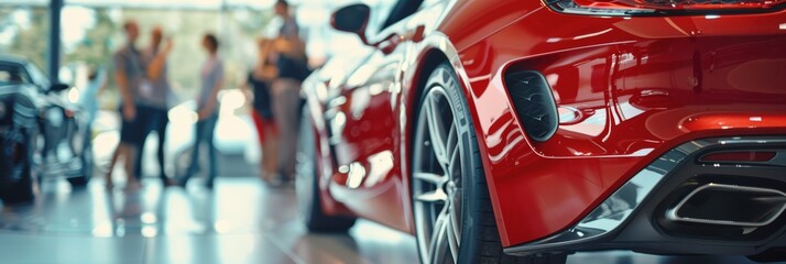 Luxury car dealership scene with customers, automotive sales concept.