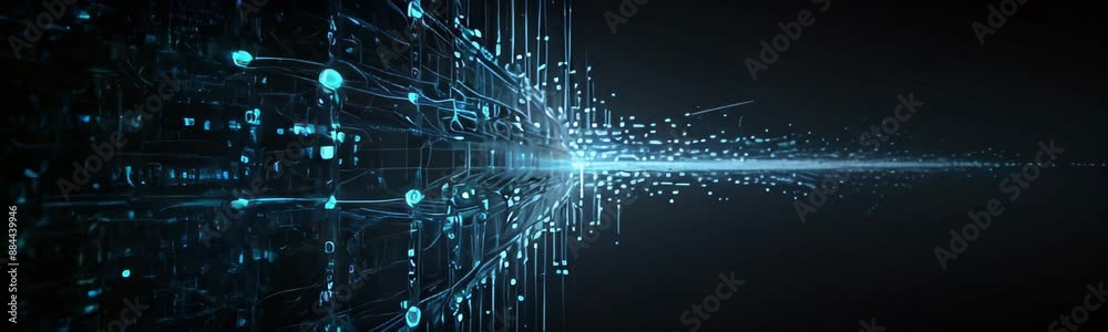 Wall mural motion graphic of blue data matrix simulation digital line and grid technology on dark background. a