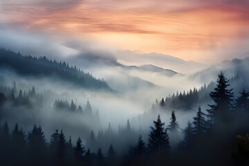 Obraz premium Mystical Forest and Foggy Mountain