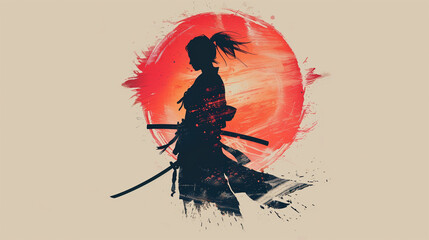 Profil d'un samouraï devant un soleil.