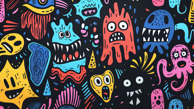 Motif de monstres sur fond noir.