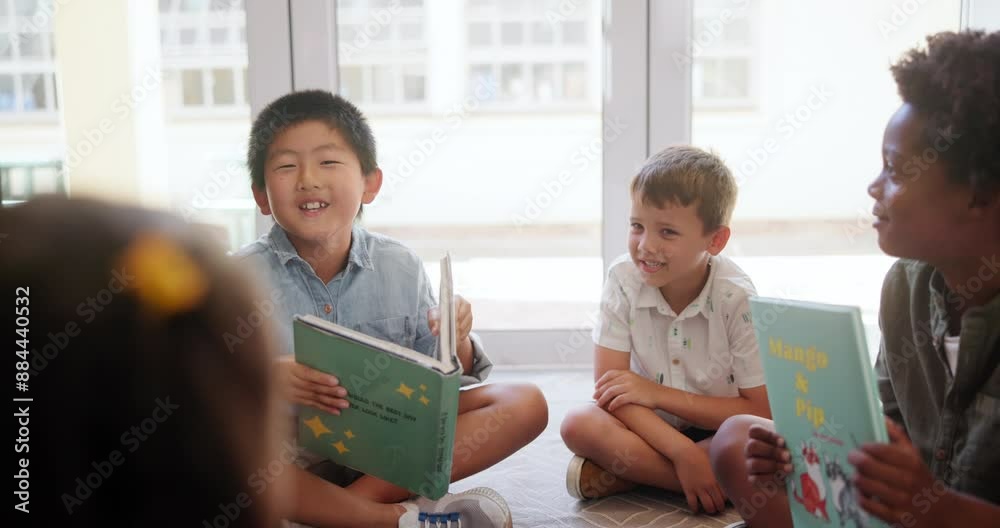 Poster happy, children and reading in classroom together for educational development, group learning and gr