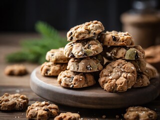 Obraz premium A stack of freshly baked oatmeal cookies with raisins and nuts
