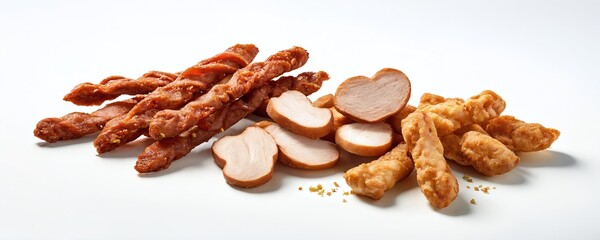 Obraz premium Crispy chicken sticks and smoked sausage on a white background