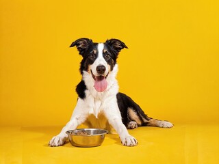 Happy black and white border collie dog sitting by full bowl of food on yellow background