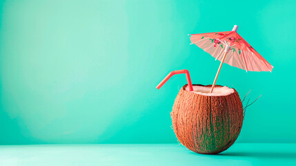 Coconut drink with drinking straw and umbrella isolated on a mint blue background. Exotic beach cocktail in coconut bowl. Fresh Coconut water, Coconut juice, milk. Summer vibes.