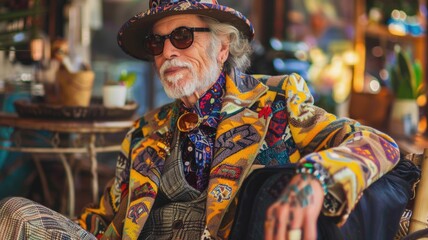Fototapeta premium A fashionable elderly man wearing a vibrant jacket, hat, and sunglasses,