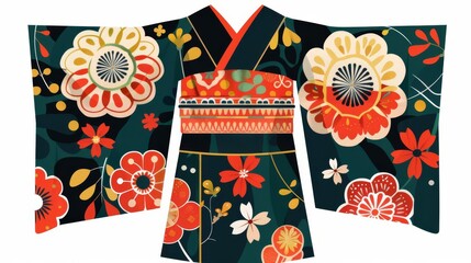 Fototapeta premium A icon illustration of a kimono, clothing item, traditional style, vibrant patterns, isolated on white background