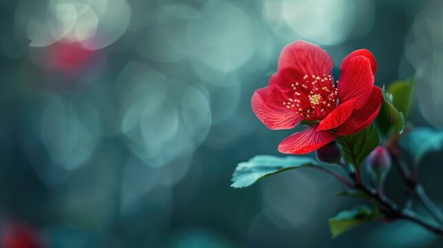 Red Chaenomeles flower in focus with copy space on natural background