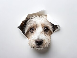 White dog peeking through torn paper