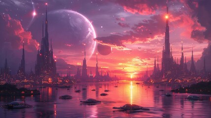 Futuristic sci-fi cityscape at sunset - generative ai