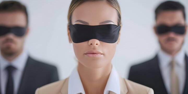 Business professionals blindfolded symbolizing blind trust or lack of vision in business. Concept Blindfolded Business Professionals, Trust Symbolism, Lack of Vision in Business