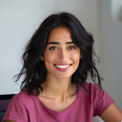 Fototapeta premium Gorgeous Woman in Dark Pink T-Shirt Working on Laptop