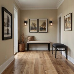 An entryway with white oak flooring, two framed black and cream colored pictures on the wall above an accent colored bench that has some texture to it, a white door in the background, light tan walls