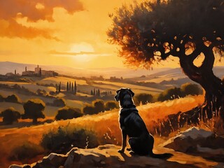 Black dog watching sunset over tuscan landscape