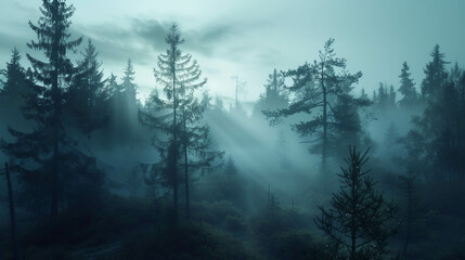 Misty landscape with fir forest in with cinematic effect light Generative AI image