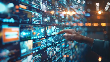 A futuristic representation of a hand interacting with a complex digital interface, highlighting technology and innovation in a visually engaging and dynamic manner.