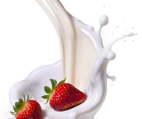 Fresh strawberries with milk splashing on a transparent background perfect for food and beverage designs