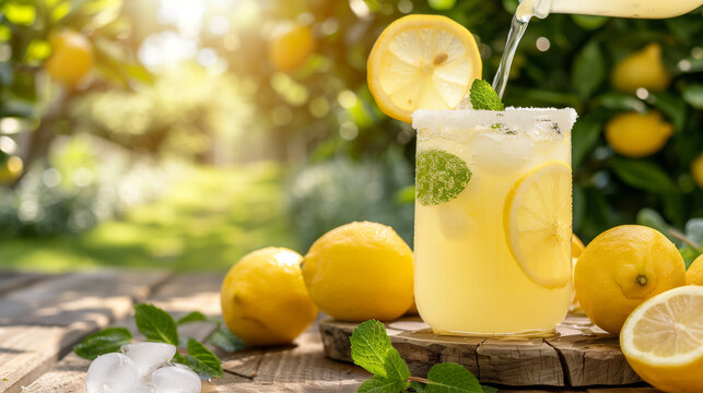 A glass of lemonade with a lemon slice in it is poured into a glass