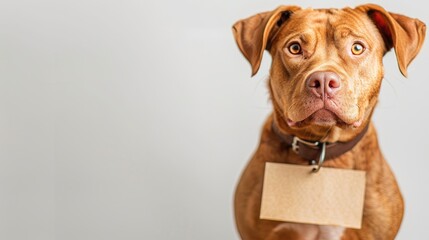 Cute brown dog with sign around neck on white background