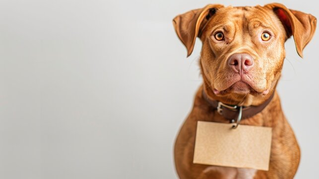 Cute brown dog with sign around neck on white background