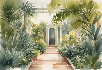Fototapeta premium A serene watercolor painting of a garden entrance with surrounded by lush green foliage and sunlight filtering through the trees.