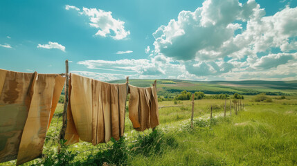 Rubber sheets drying in the open air, set against a backdrop of green fields and blue skies