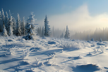Fototapeta premium Winter forest, snow covered field with long shadows from pine trees in the morning light, Generative AI
