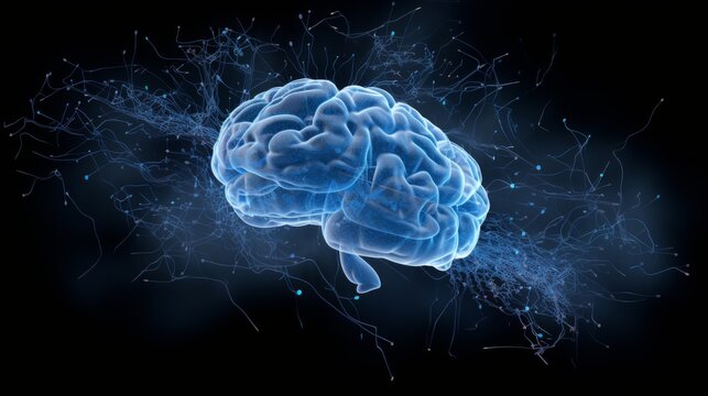 Blue neon human brain. Technology or mental health concept. Medical background.