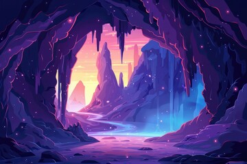 A Mystical Cave Opening to a Purple Landscape