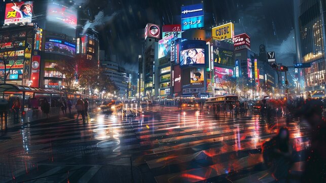 Busy city intersection at night with illuminated billboards, colorful lights, and reflections on wet streets creating a vibrant and energetic urban scene.