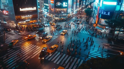 Aerial perspective of a busy city intersection at night, filled with cars, pedestrians, and vibrant lights from surrounding buildings and billboards, creating a lively urban scene.